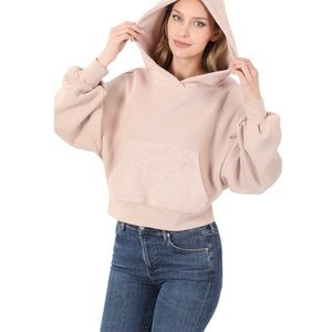 Zenana French Terry Cropped Hoodie Sweatshirt with Kangaroo Pocket